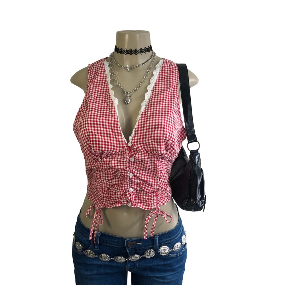 Y2K Almost Famous Gingham Milkmaid Top Womens L Red White Eyelet Lace Ruched